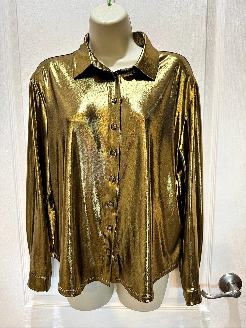 Rachel Zoe Metallic Gold Button-Front Long Sleeve Blouse Gold Large Gorgeous met